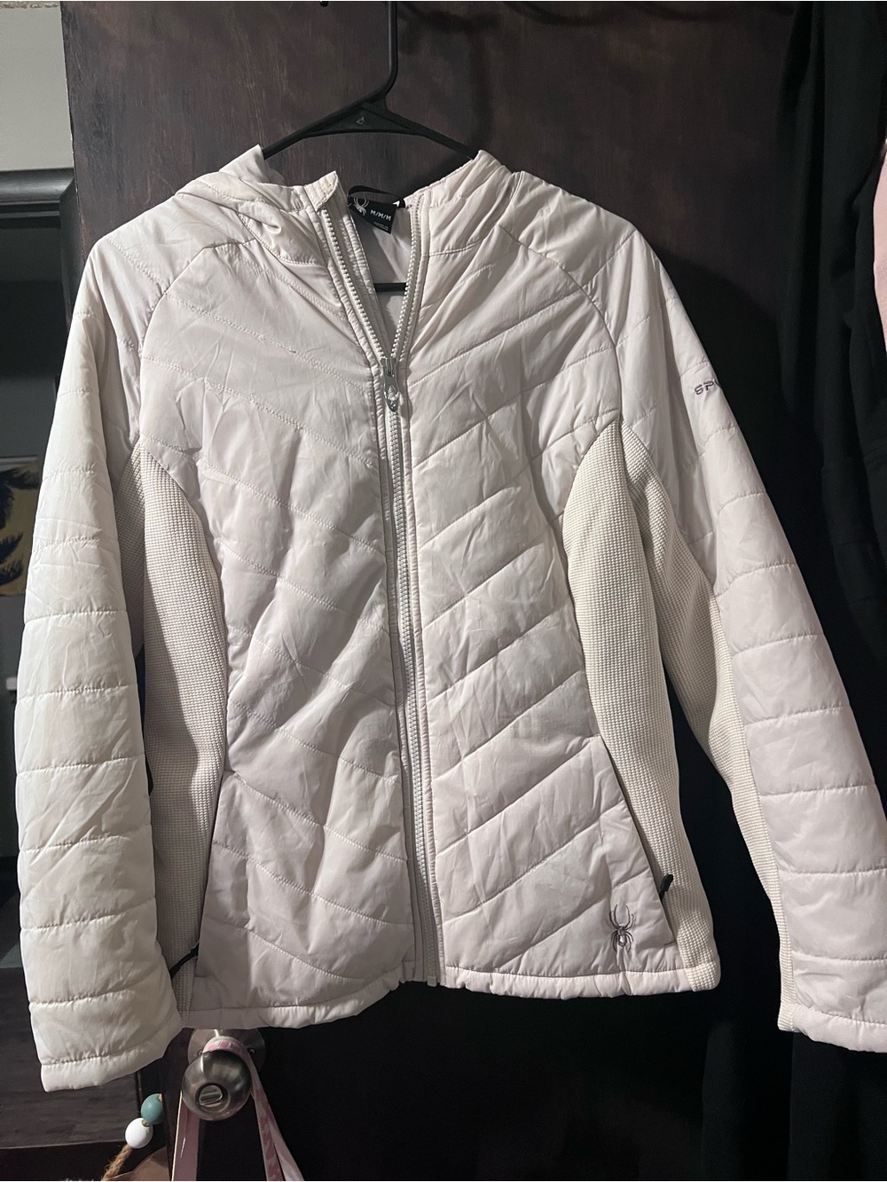 Spyder Women's White Quilted Hooded Puffer Jacket with Stretch Panels